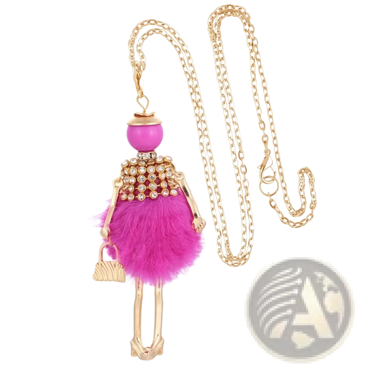 Handmade fashion pendant necklace for women featuring a pink fuzzy doll pendant with sparkling embellishments on gold chain