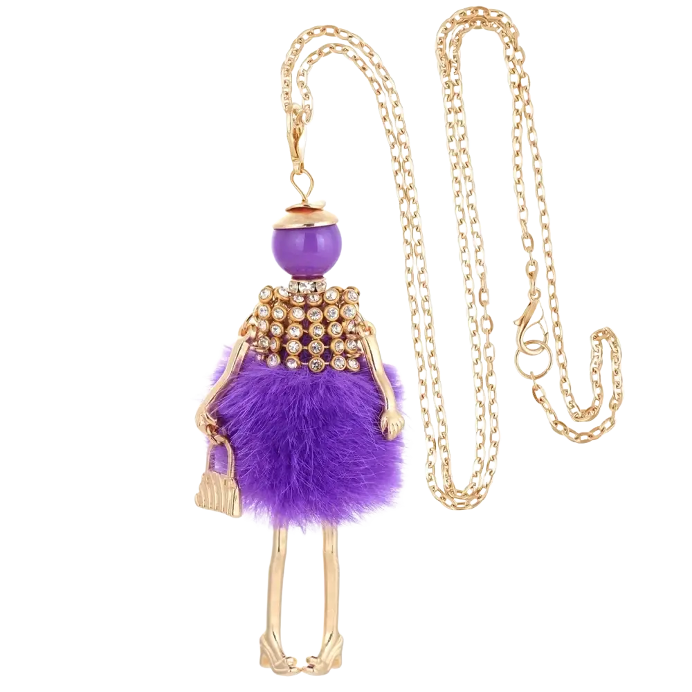 Handmade fashion pendant necklace for women featuring a purple fuzzy doll pendant with gold-tone chain and crystal embellishments