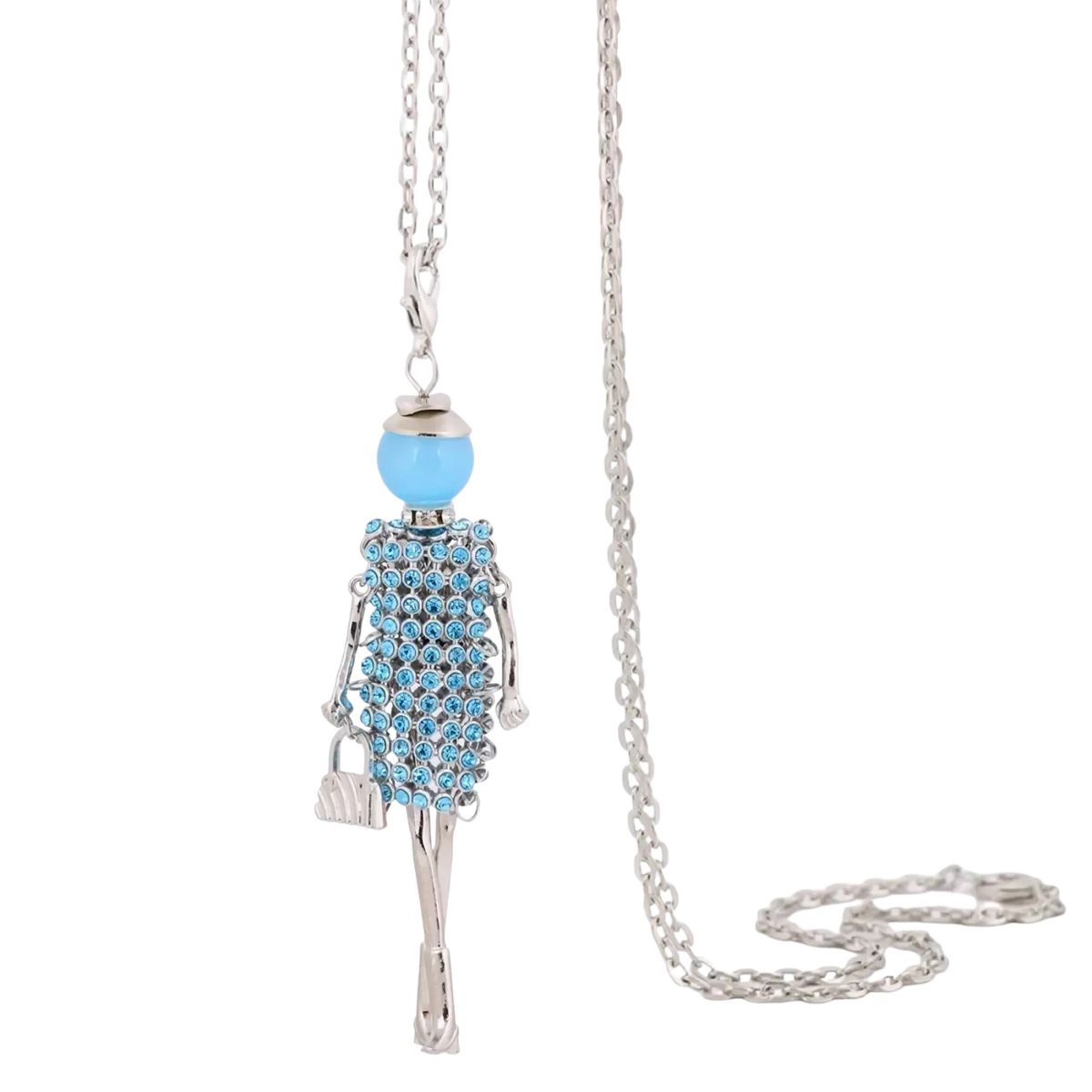 Silver handmade fashion pendant necklace for women featuring a stylized woman pendant with light blue rhinestones and turquoise bead