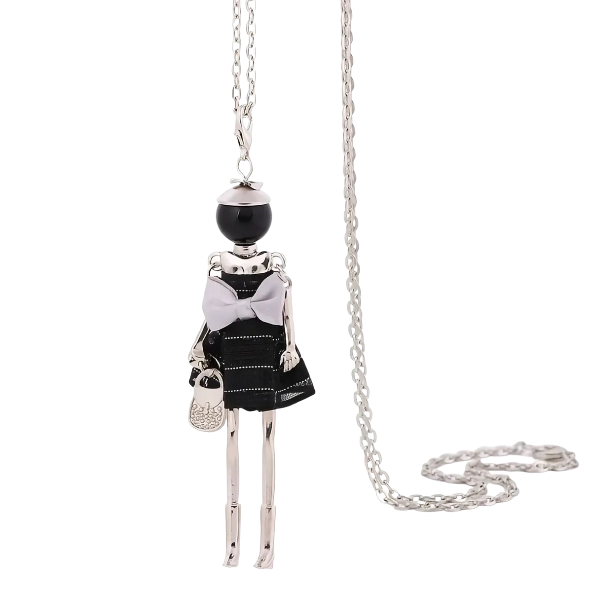 Handmade vintage silver skeleton doll pendant necklace with black bead head white bow tie and striped black dress
