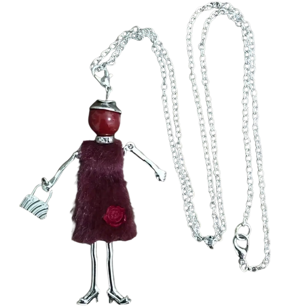 Handmade fashion pendant necklace silver chain featuring a stylized doll pendant with red bead head and maroon dress