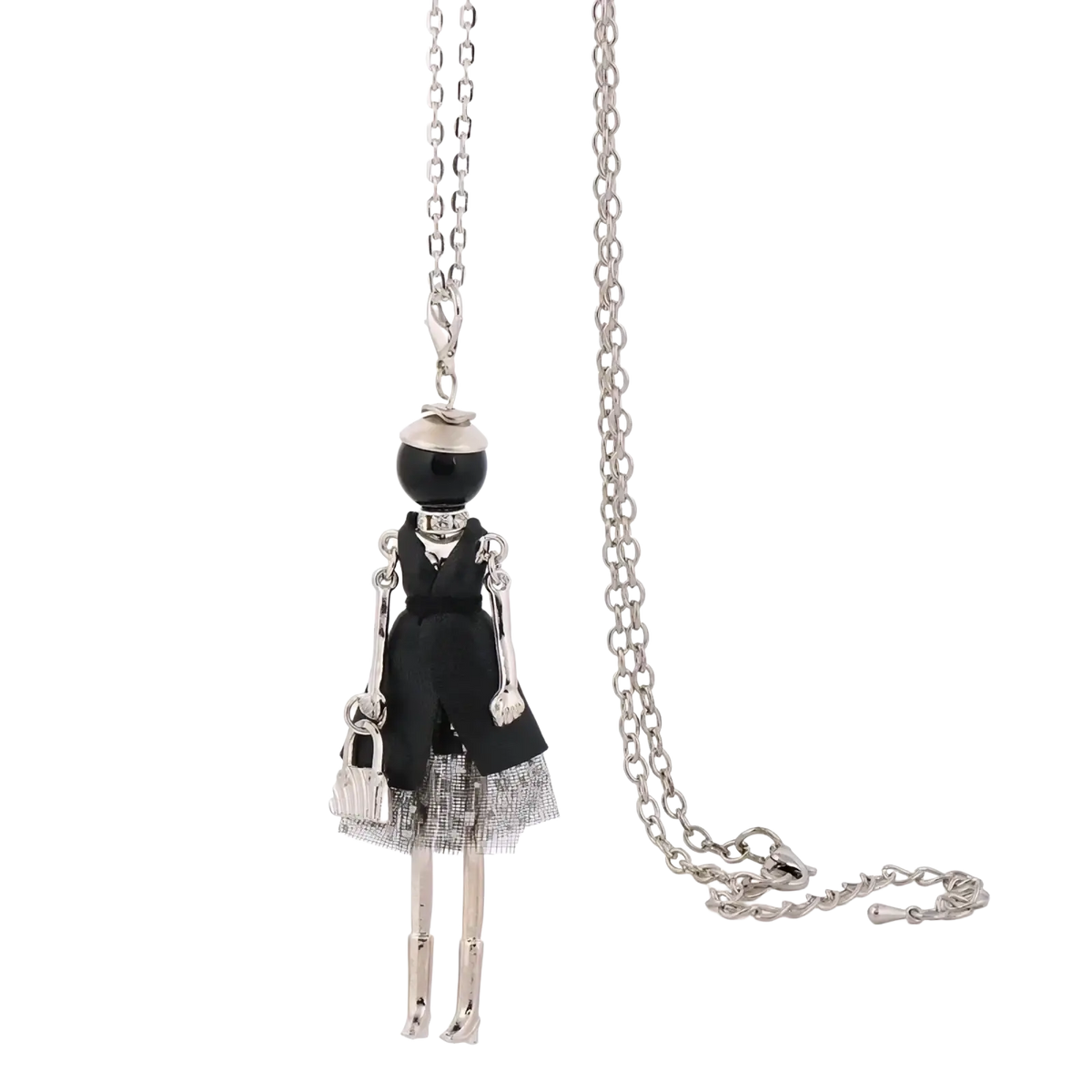 Handmade fashion pendant necklace with a silver chain and black and silver figurine woman holding handbag pendant