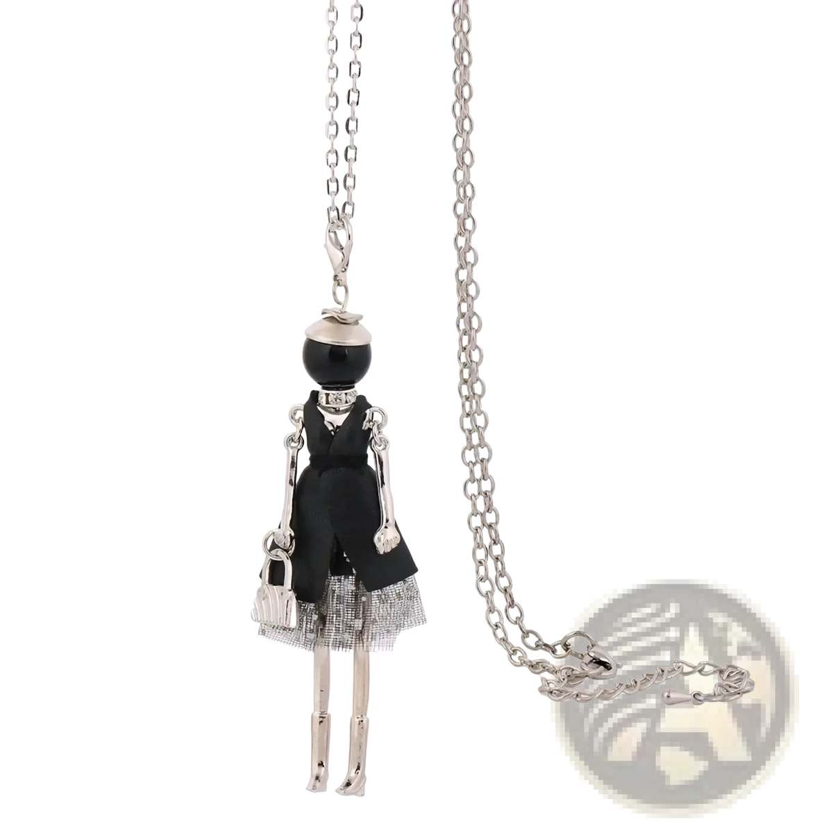 Silver chain necklace with a black and silver handmade figurine pendant of a woman holding a handbag vintage jewelry
