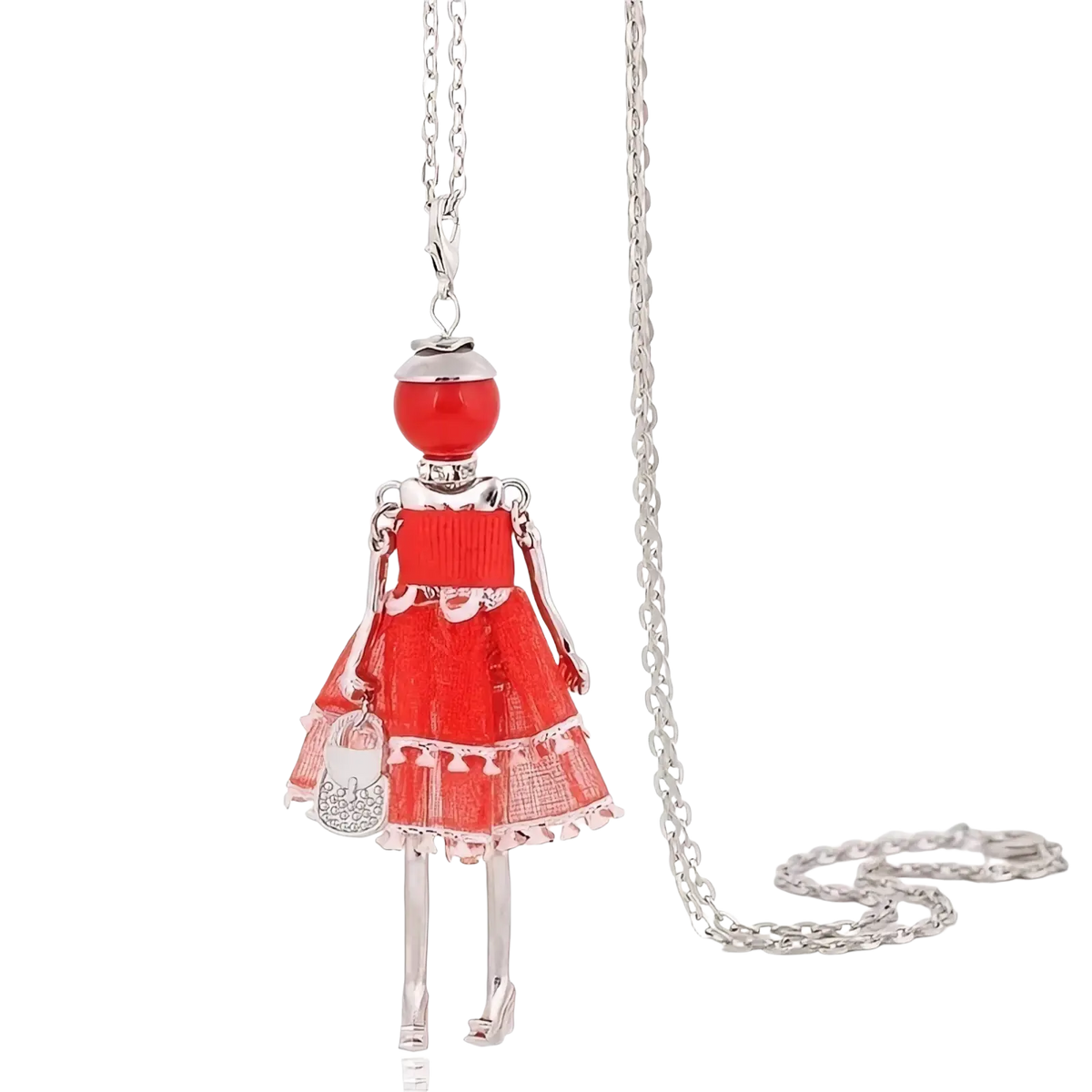 A silver-toned handmade fashion pendant necklace for women featuring a doll with red glass bead and layered dress