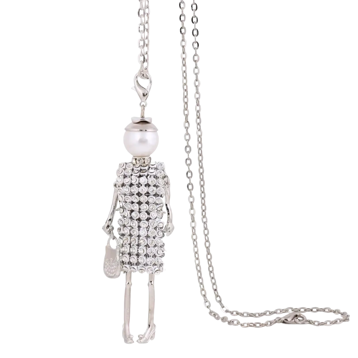 Handmade fashion pendant necklace for women in silver tone with rhinestone woman pendant, pearl head, and crystal handbag
