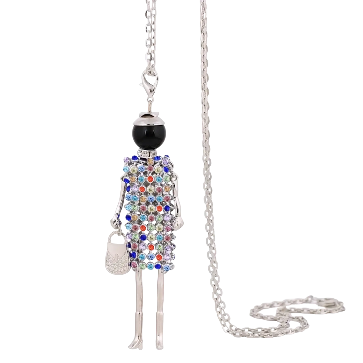 Handmade fashion pendant necklace for women featuring a silver-toned figurine with multicolored rhinestones and a black bead head