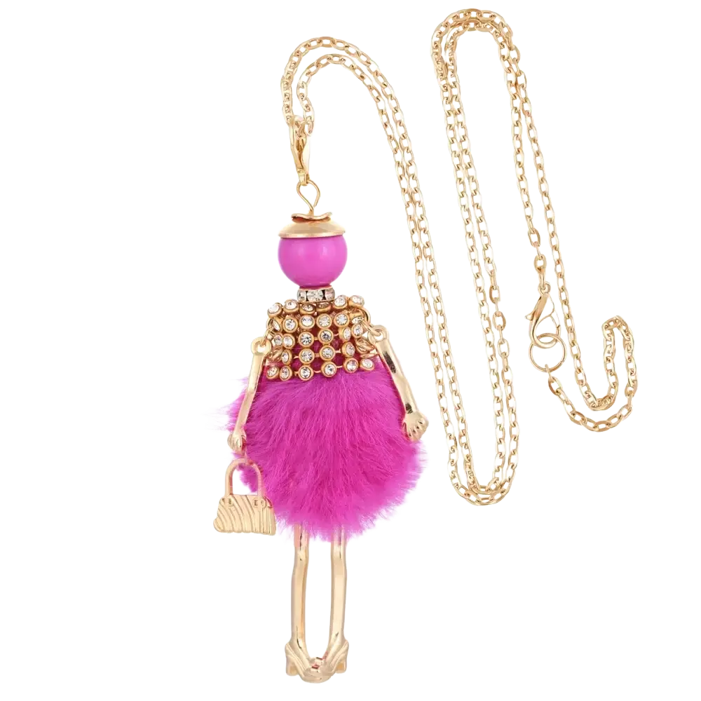 Handmade fashion pendant necklace featuring a vibrant pink fuzzy doll with gold-tone limbs and rhinestone accents