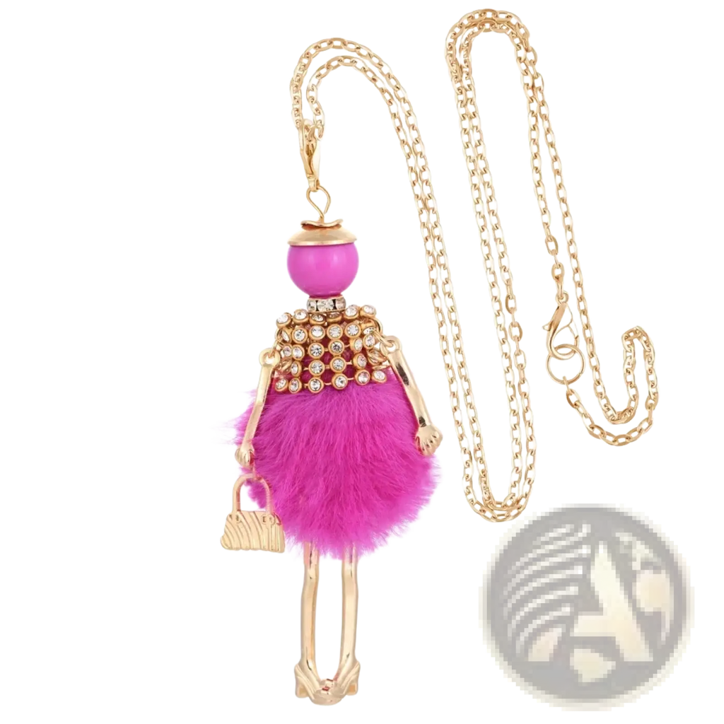 Handmade fashion pendant necklace featuring a vibrant pink fuzzy doll with gold-tone limbs and rhinestone accents
