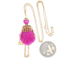 Handmade fashion pendant necklace featuring a vibrant pink fuzzy doll with gold-tone limbs and rhinestone accents