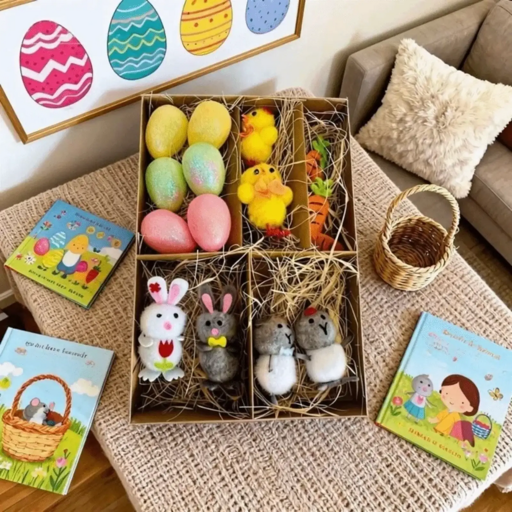 Handmade felt Easter gift set with colorful hand-stitched eggs and stuffed bunny chick and mouse in straw box