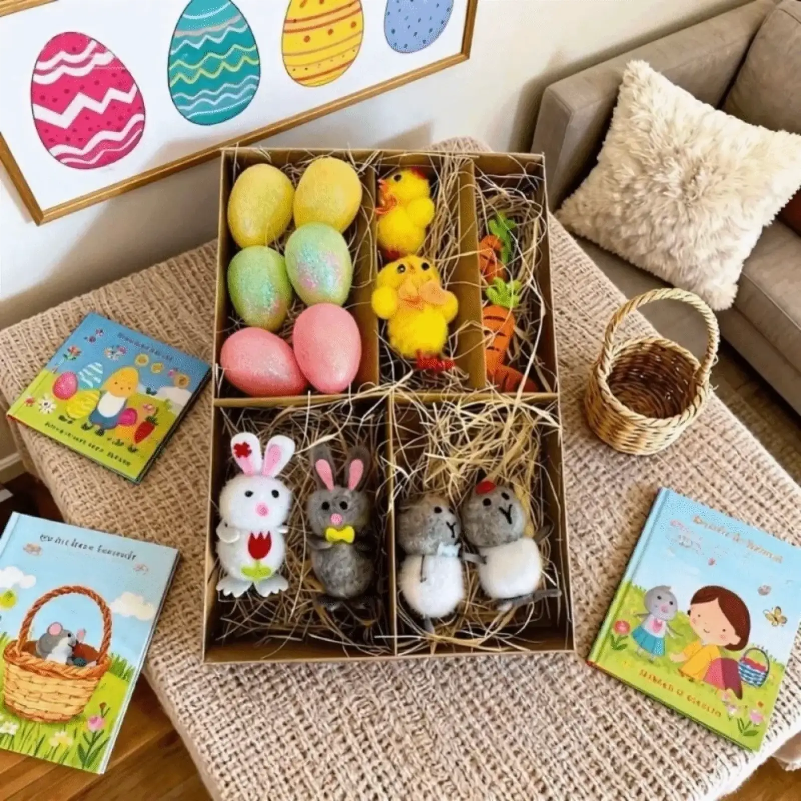 Handmade felt Easter gift set with colorful hand-stitched eggs and stuffed bunny chick and mouse in straw box