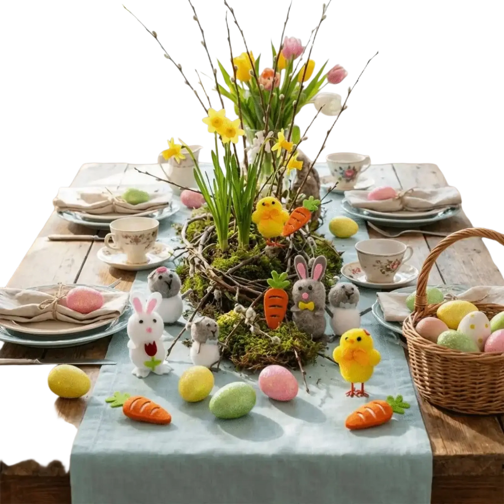 Handmade felt Easter egg and chick figurine gift set with pastel plush bunnies carrots and spring flowers centerpiece