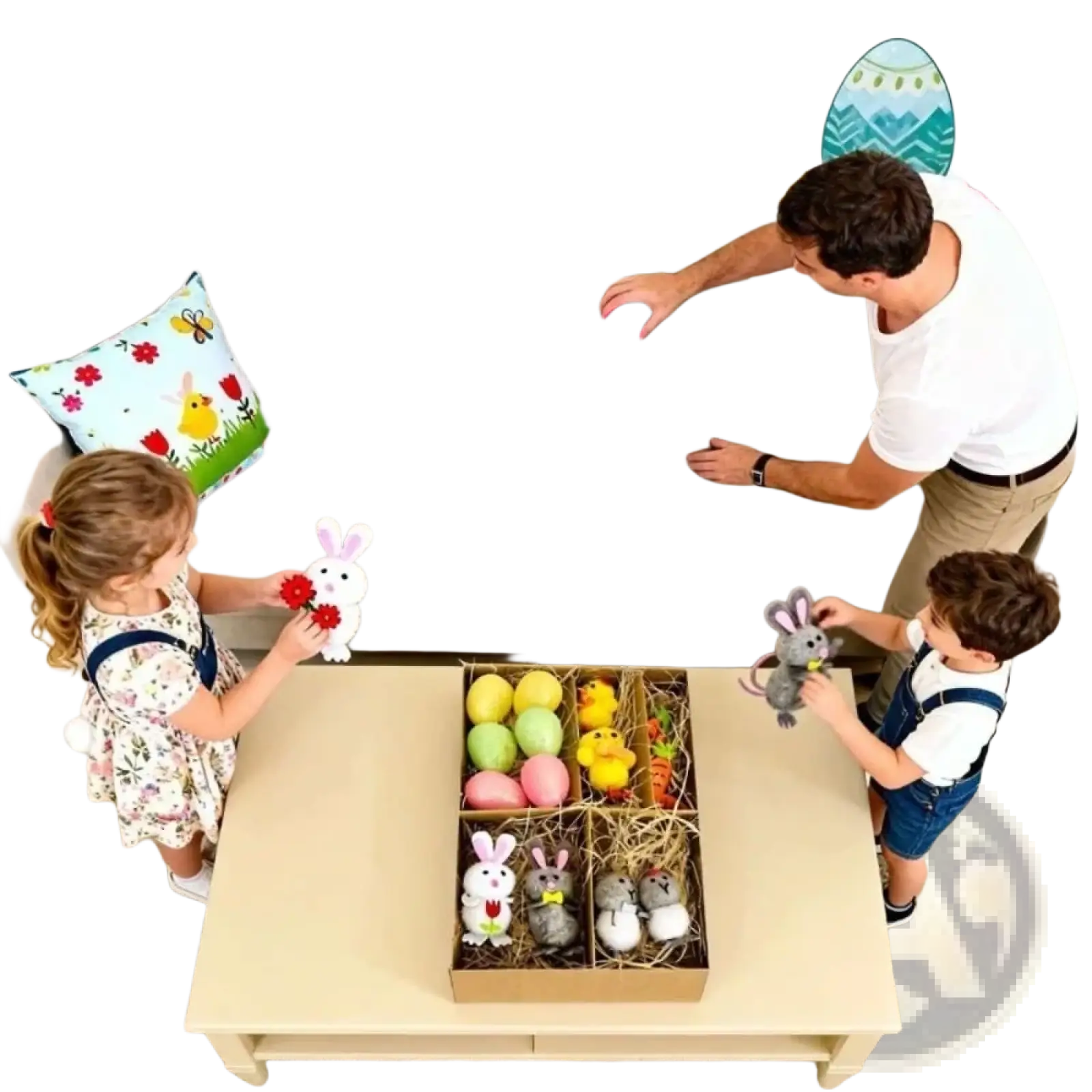 Handmade felt easter egg and chick figurine gift set showing a pink glossy easter egg nestled in straw within a decorative box