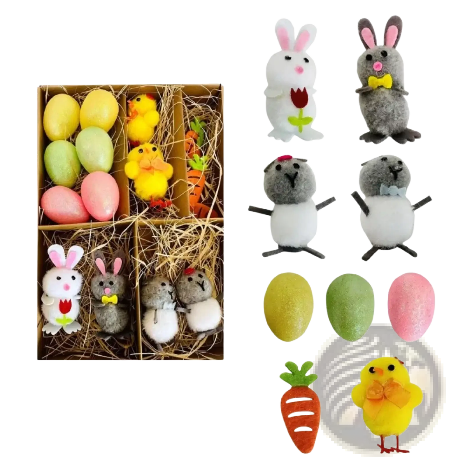 Handmade felt easter egg and chick figurine gift set with plush pastel bunnies chicks and carrot decoration