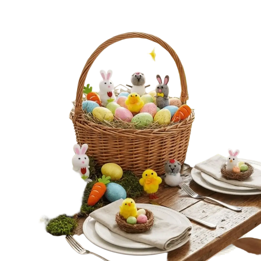 Handmade felt easter egg and chick figurine gift set in a woven brown wicker basket with pastel eggs and plush bunnies