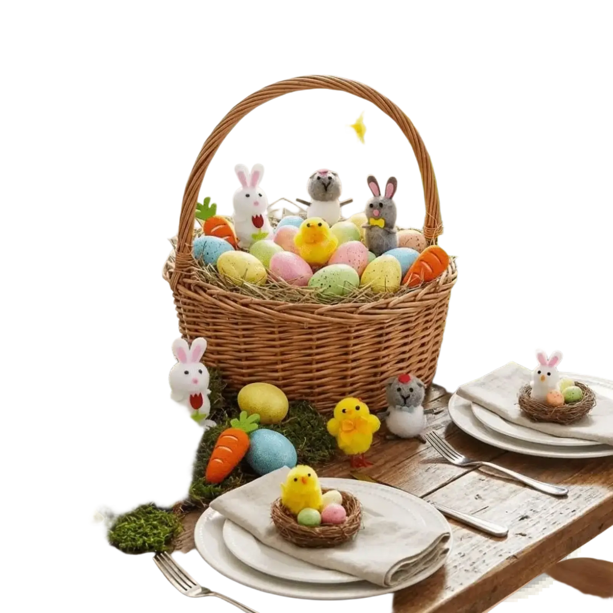 Handmade felt easter egg and chick figurine gift set in a woven brown wicker basket with pastel eggs and plush bunnies