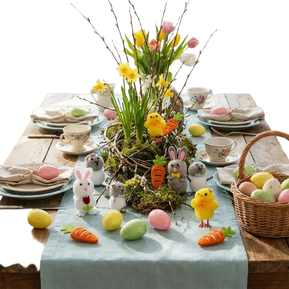 Handmade felt Easter egg and chick figurine gift set with pastel plush bunnies carrots and spring flowers centerpiece