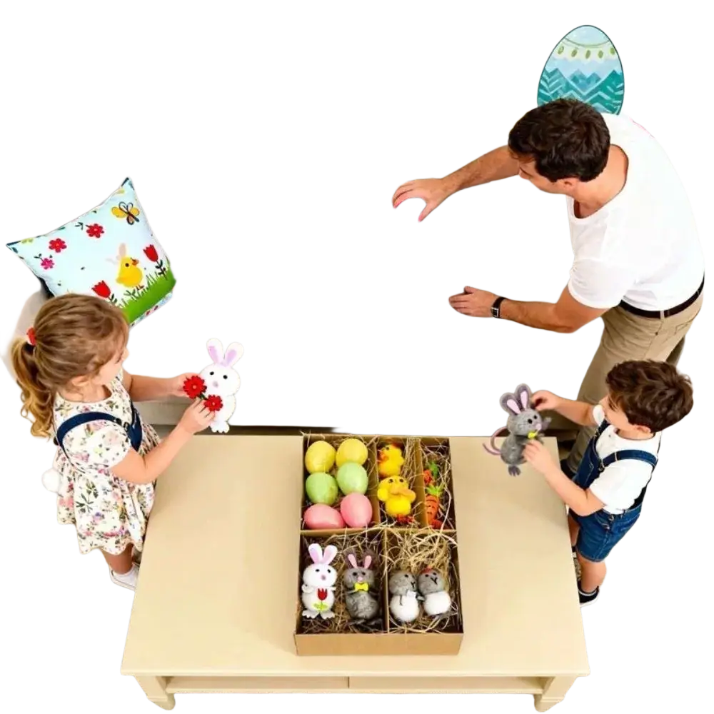 Handmade felt easter egg and chick figurine gift set showing a pink glossy easter egg nestled in straw within a decorative box