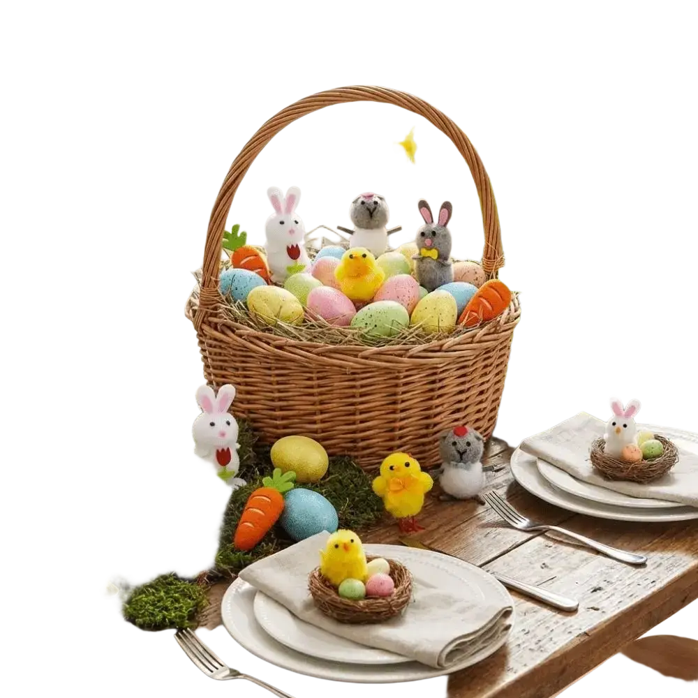 Handmade felt easter egg and chick figurine gift set in a woven brown wicker basket with pastel eggs and plush bunnies