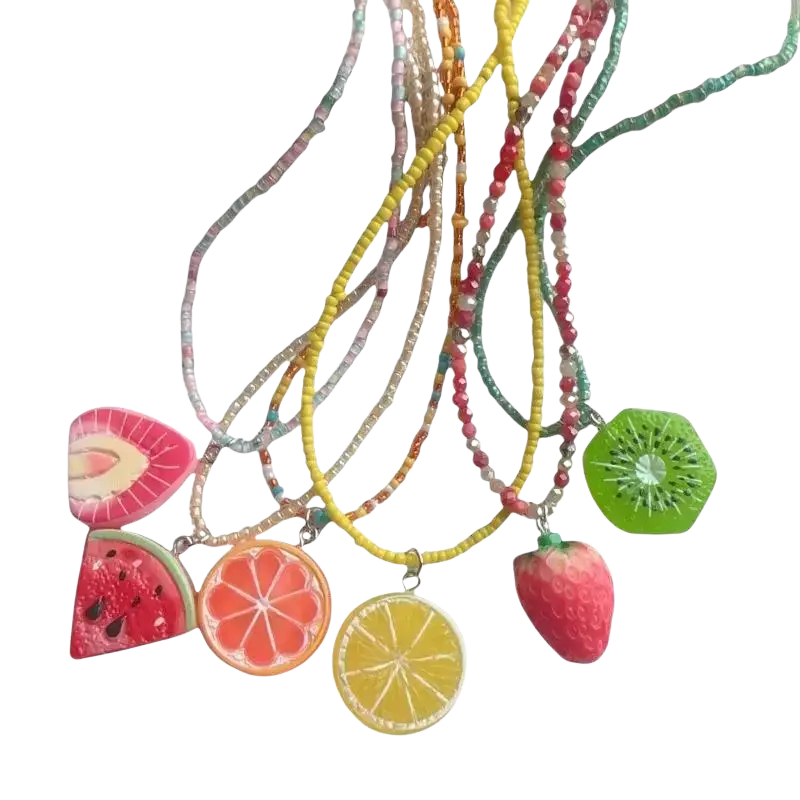 Handmade colorful beaded pendant necklace featuring vibrant fruit-themed plastic charms in bohemian style choker