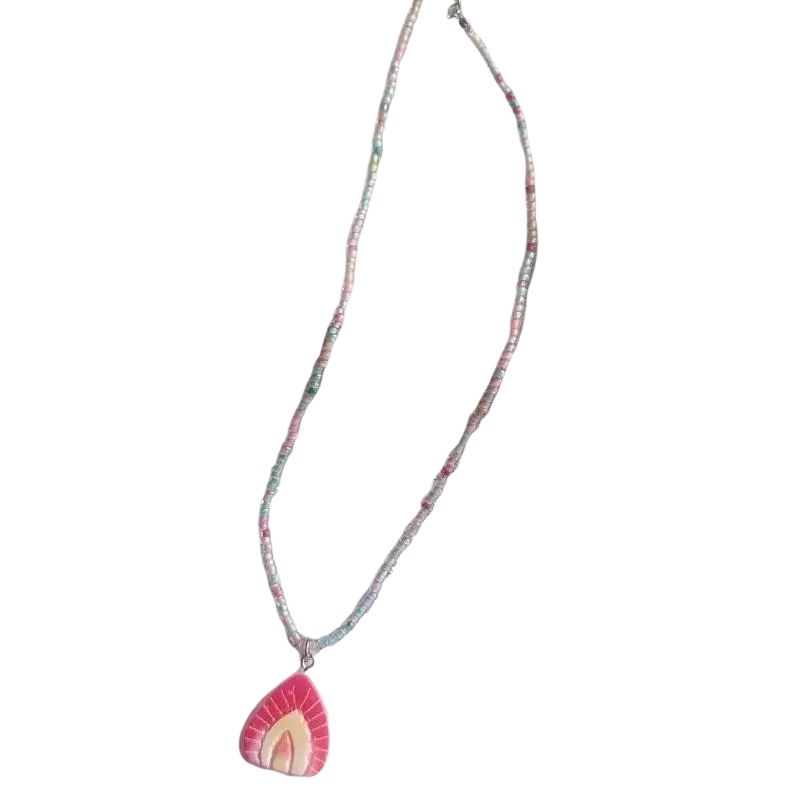 Handmade fruit pendant necklace bohemian beaded choker with pastel pink and blue thread and coral sunburst pendant