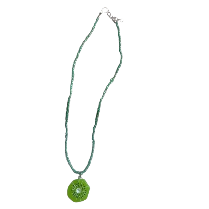 Handmade bohemian pendant necklace featuring a delicate green beaded choker with a circular kiwi fruit pendant and silver clasp