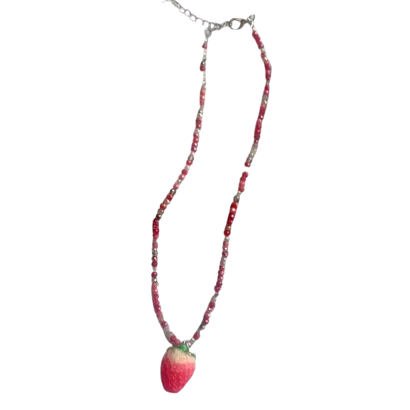 Delicate pink and silver beaded pendant necklace featuring a handmade strawberry-shaped fruit choker design