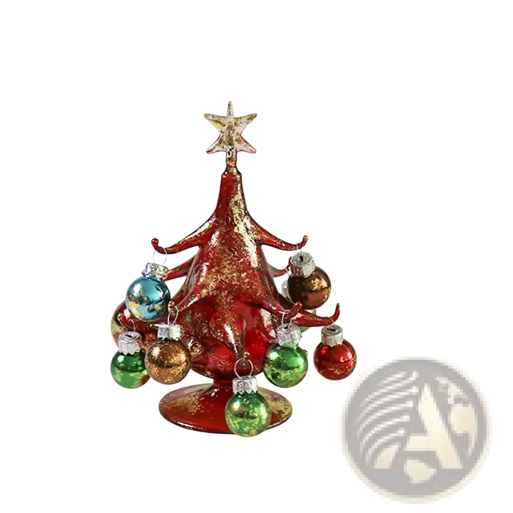 Handmade glass miniature Christmas tree ornament with red glitter finish gold star topper and colorful dangling baubles