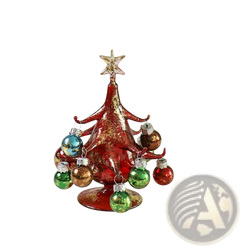 Handmade glass miniature Christmas tree ornament with red glitter finish gold star topper and colorful dangling baubles