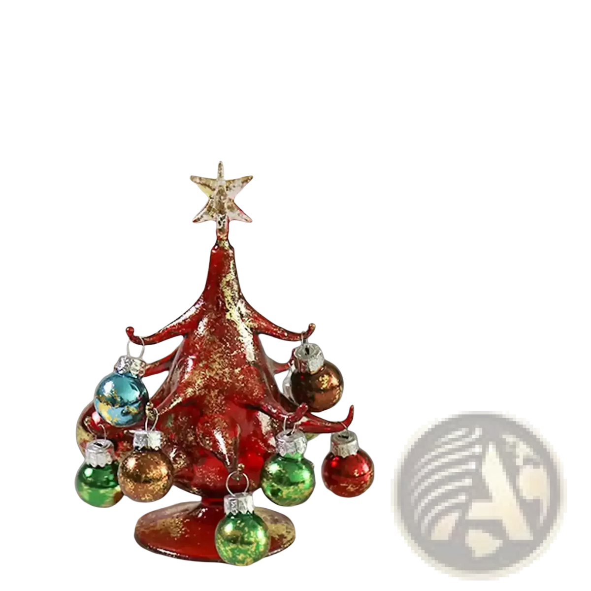 Handmade glass red christmas tree tabletop ornament with gold star topper and colorful dangling glass baubles