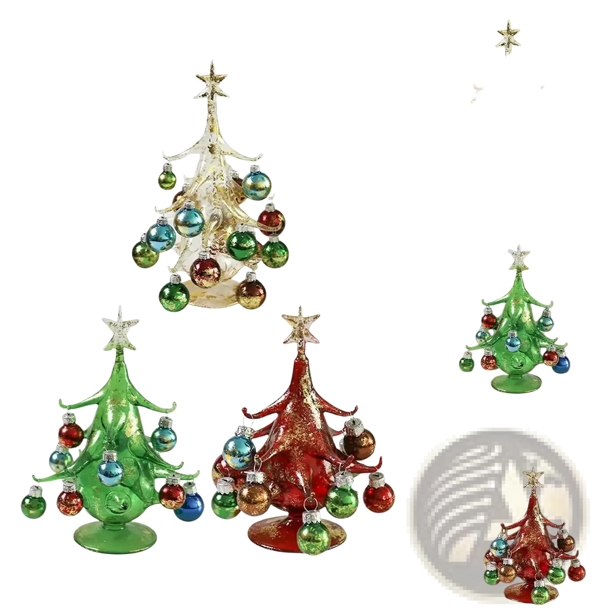 Handmade glass christmas tree tabletop ornament with a star topper and colorful dangling baubles in festive colors