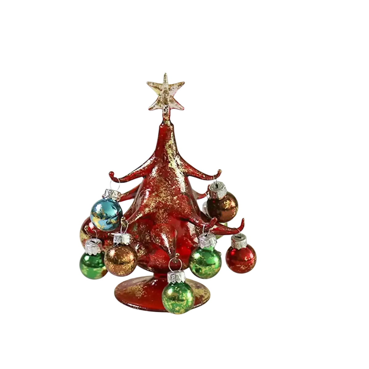 Handmade glass christmas tree tabletop ornament with red glitter finish gold star topper and multi-colored glass baubles