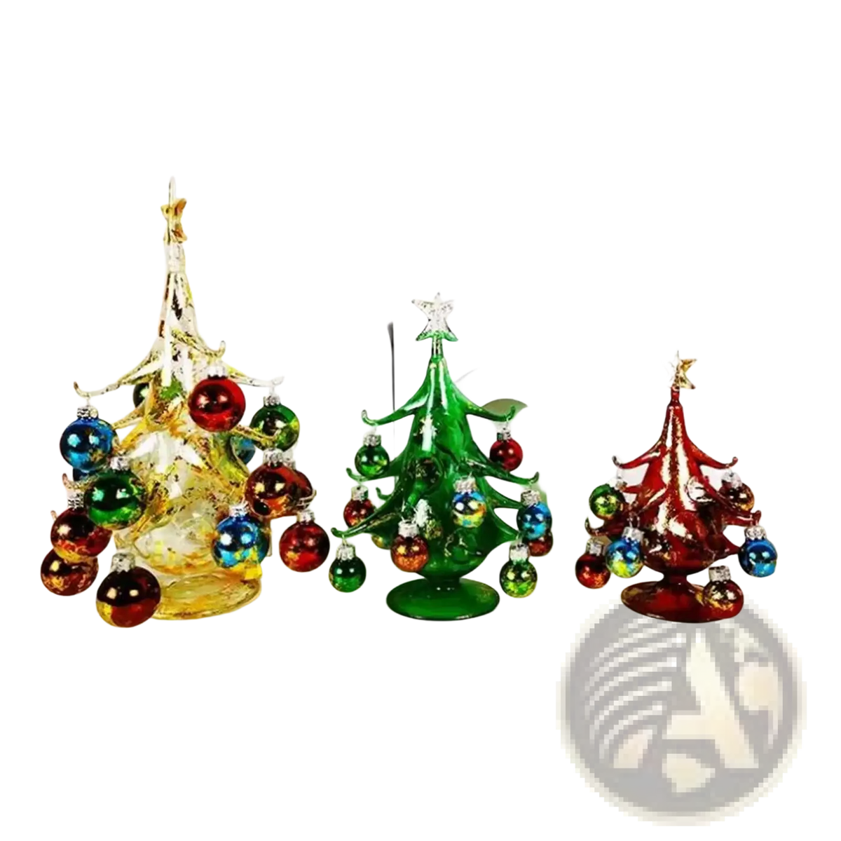 Handmade glass Christmas tree tabletop ornament with three colorful trees adorned with shiny multi-colored baubles and stars