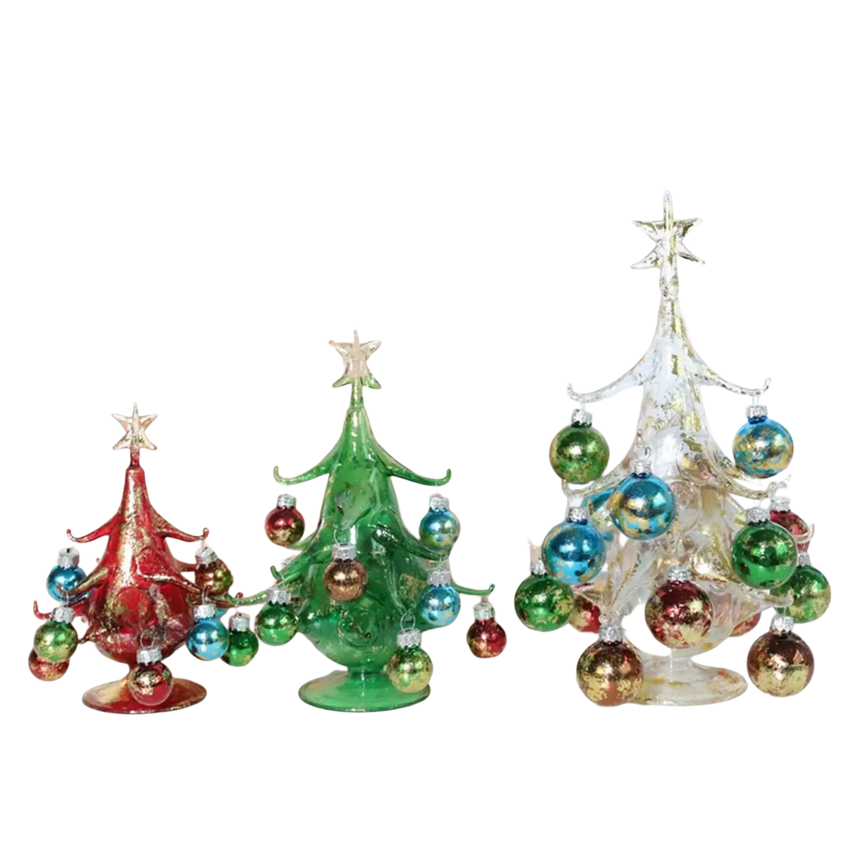 Handmade glass christmas tree tabletop ornament with three colorful glass trees topped with stars and hanging ornaments