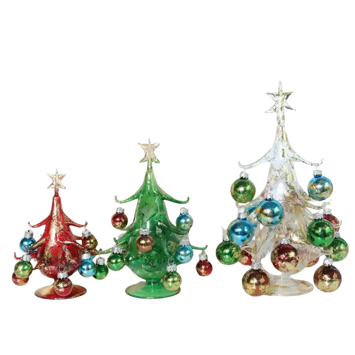 Handmade glass christmas tree tabletop ornament featuring three decorative glass christmas trees with colorful metallic ornaments and star toppers