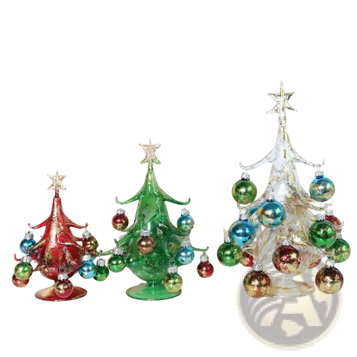 Handmade glass christmas tree tabletop ornament with three colorful glass trees topped with stars and hanging ornaments