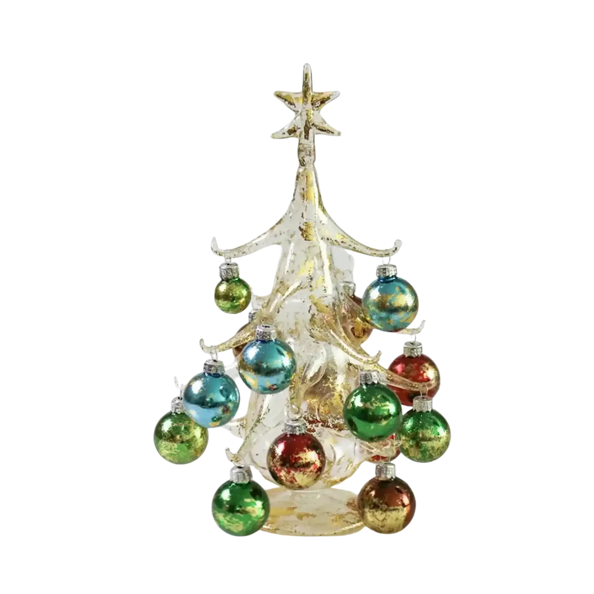 Handmade glass christmas tree tabletop ornament with translucent design gold star topper and colorful iridescent baubles