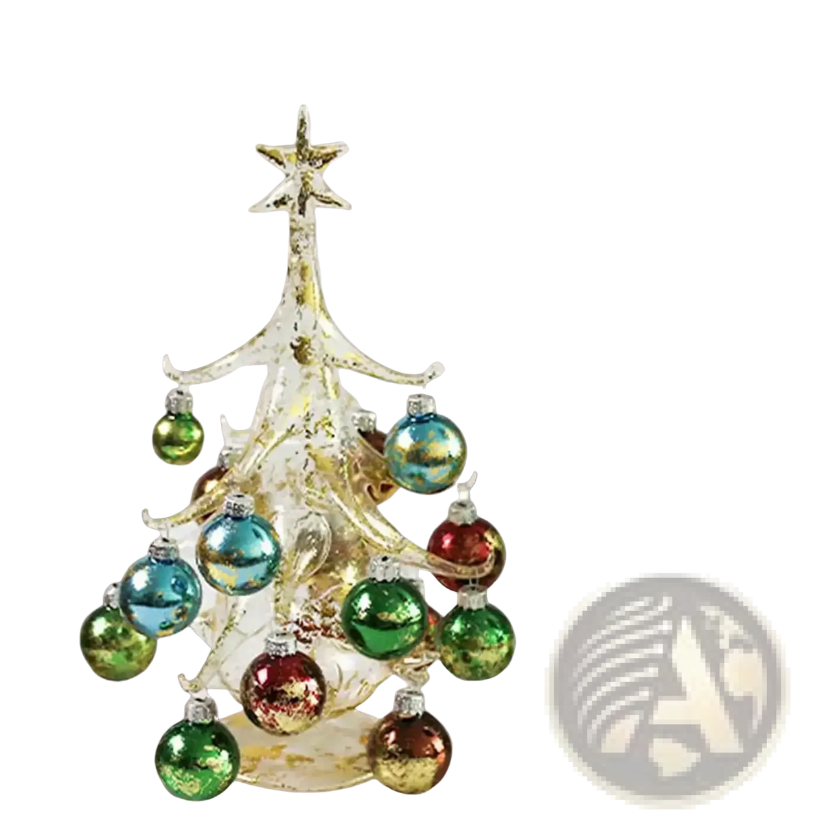 Handmade glass Christmas tree tabletop ornament with translucent gold-flecked glass and multicolored reflective baubles