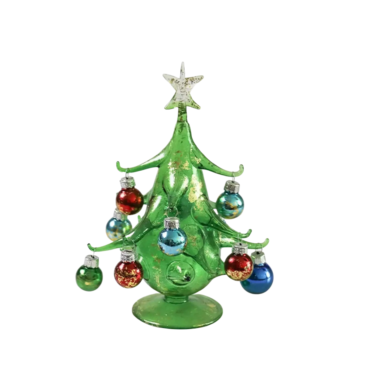 Handmade glass christmas tree tabletop ornament in translucent green with a silver star topper and colorful baubles