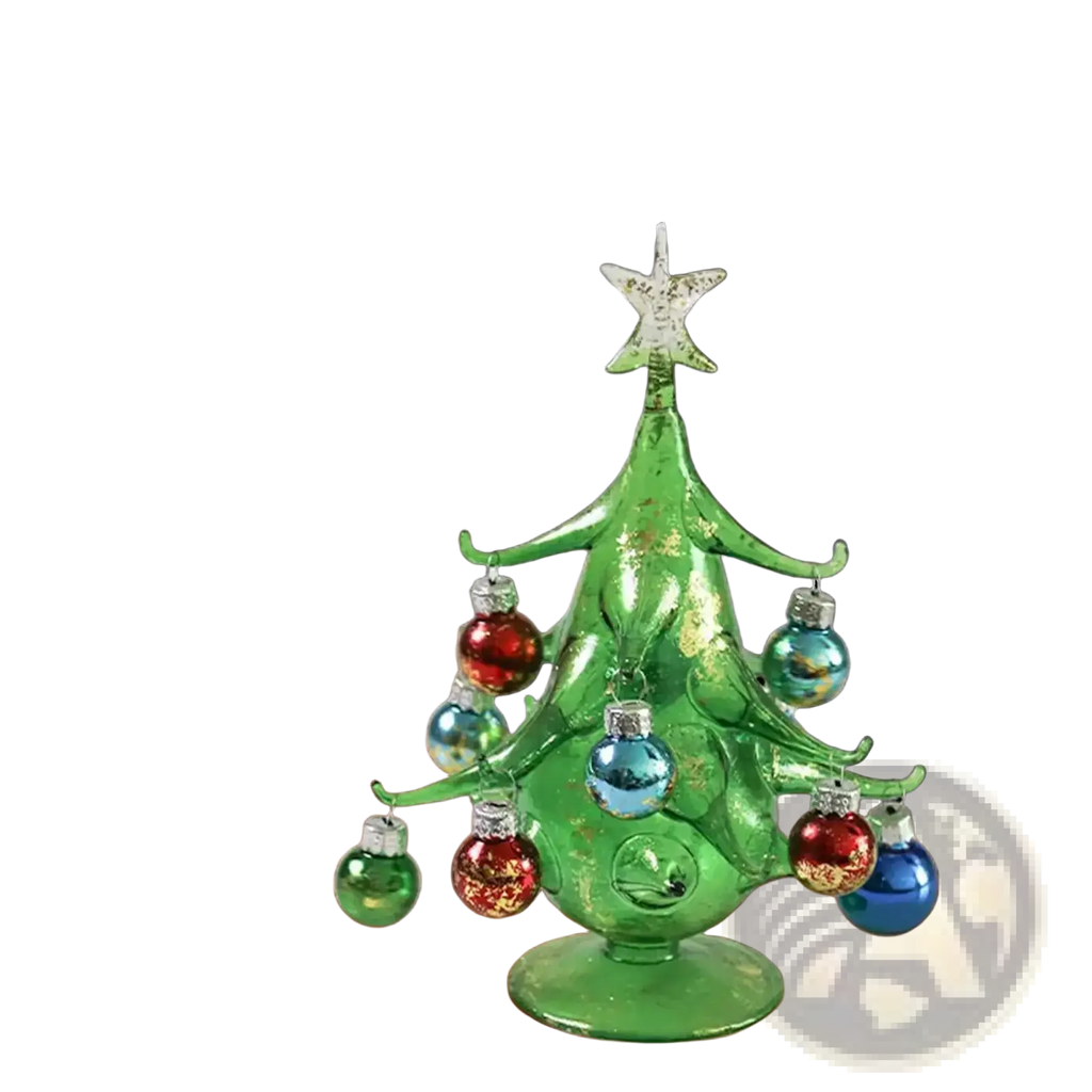 Handmade translucent green glass Christmas tree tabletop ornament with silver star topper and colorful dangling baubles