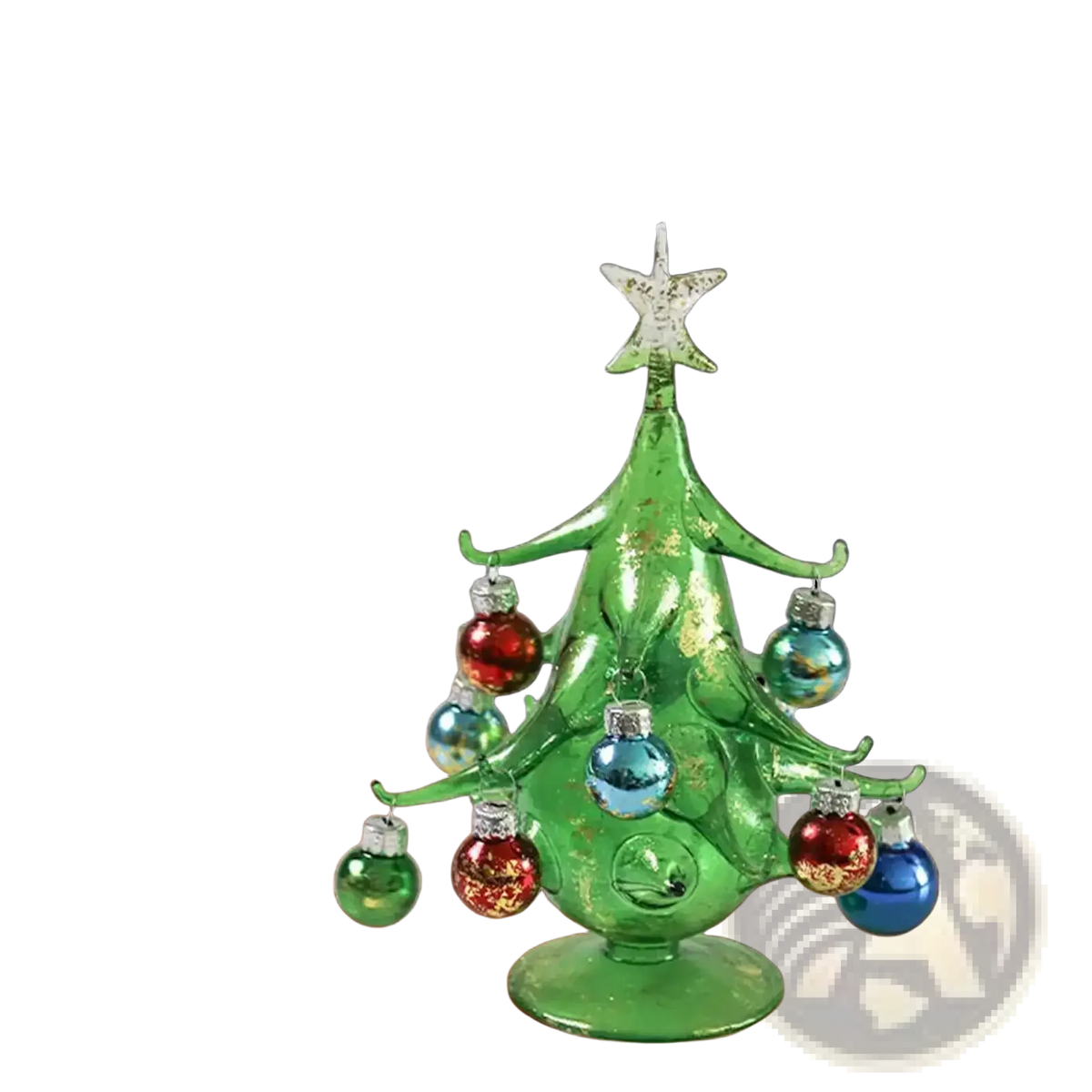 Handmade translucent green glass Christmas tree tabletop ornament with silver star topper and colorful dangling baubles