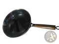 Handmade black iron wok with wooden handle, stainless steel rim, and clear glass lid for versatile cooking