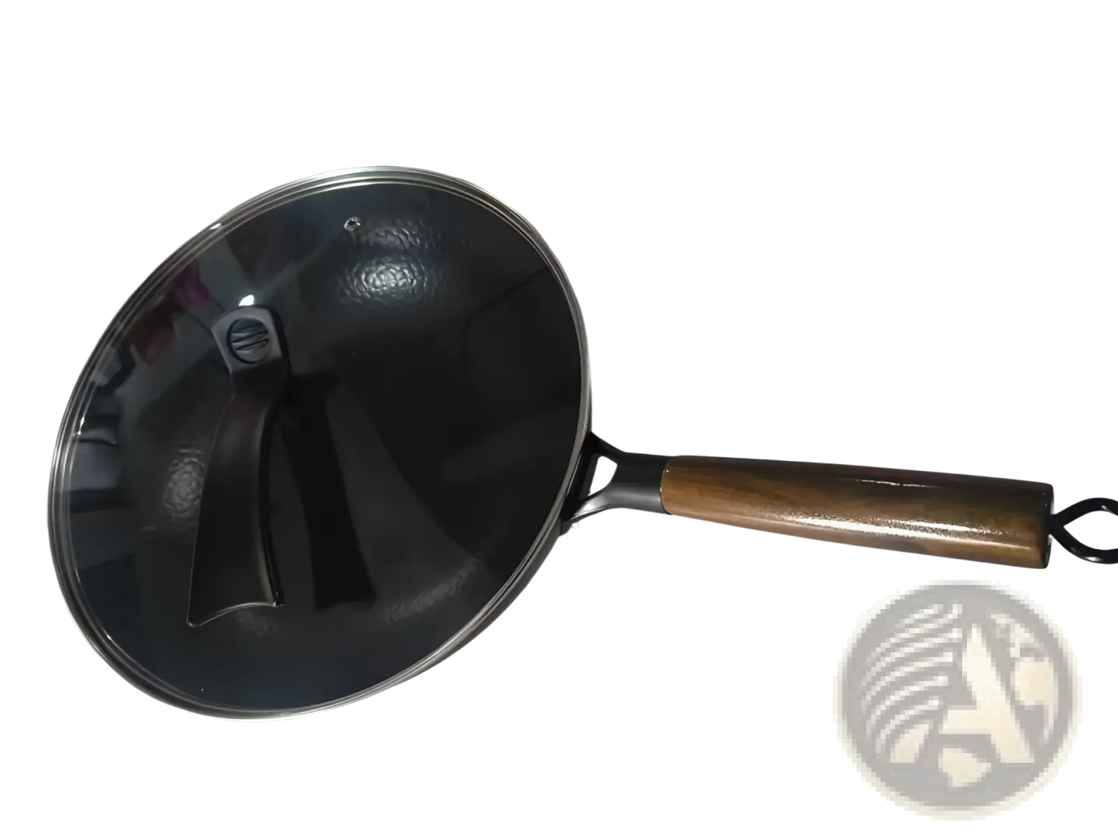Handmade black iron wok with wooden handle, stainless steel rim, and clear glass lid for versatile cooking
