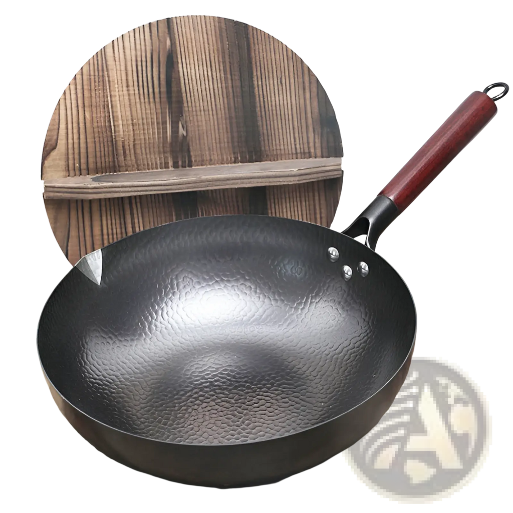 Handmade black hammered steel wok with reddish-brown wooden handle and three silver rivets for cooking use