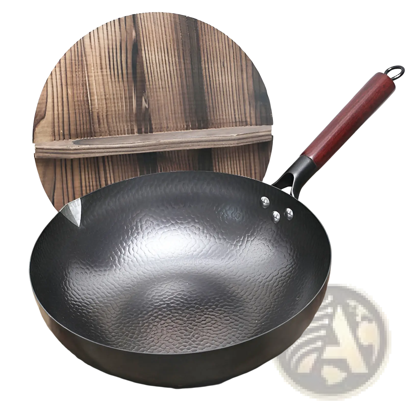 Handmade black hammered steel wok with reddish-brown wooden handle and three silver rivets for cooking use