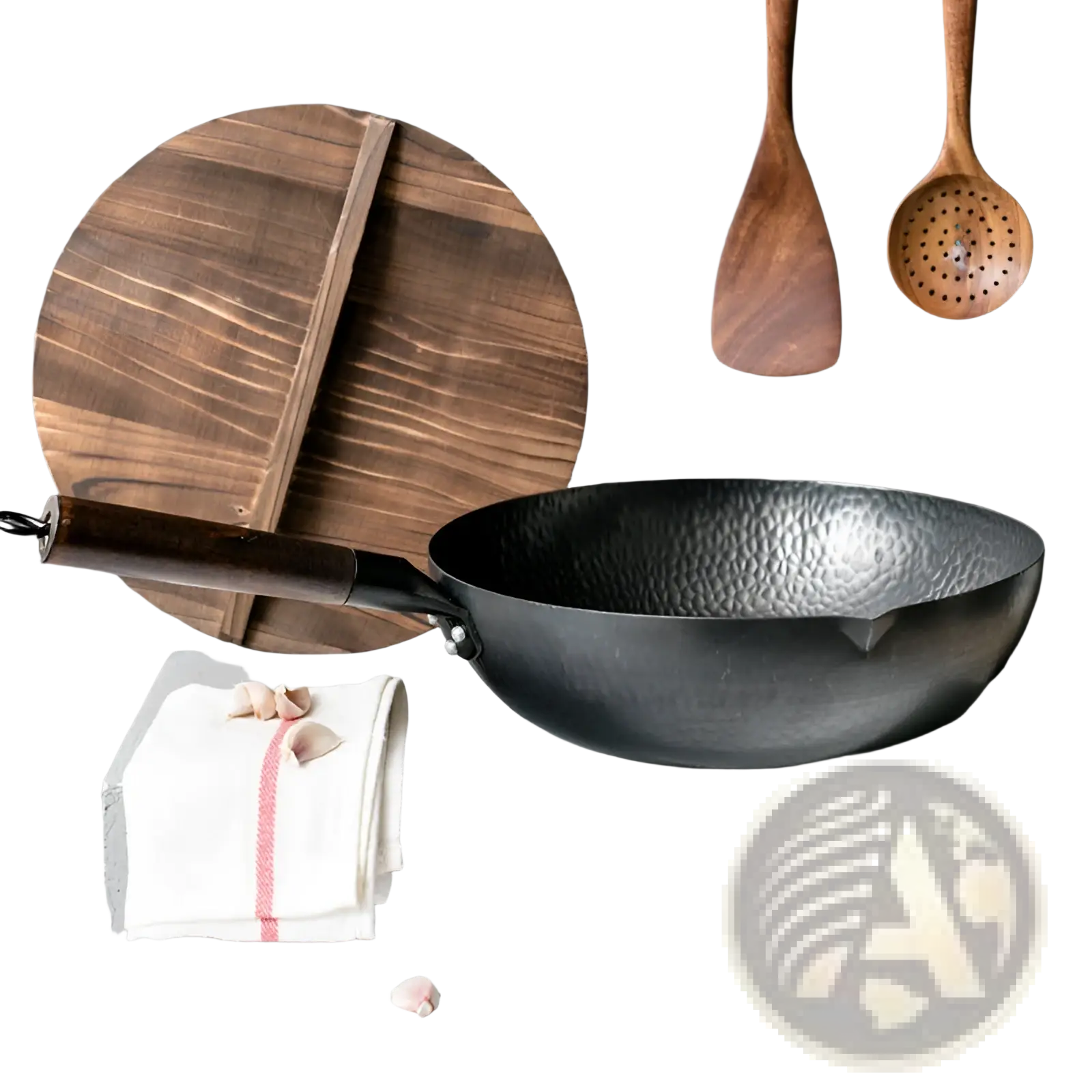 Handmade black hammered steel wok with dark wooden handle designed for cooking and comes with glass lid