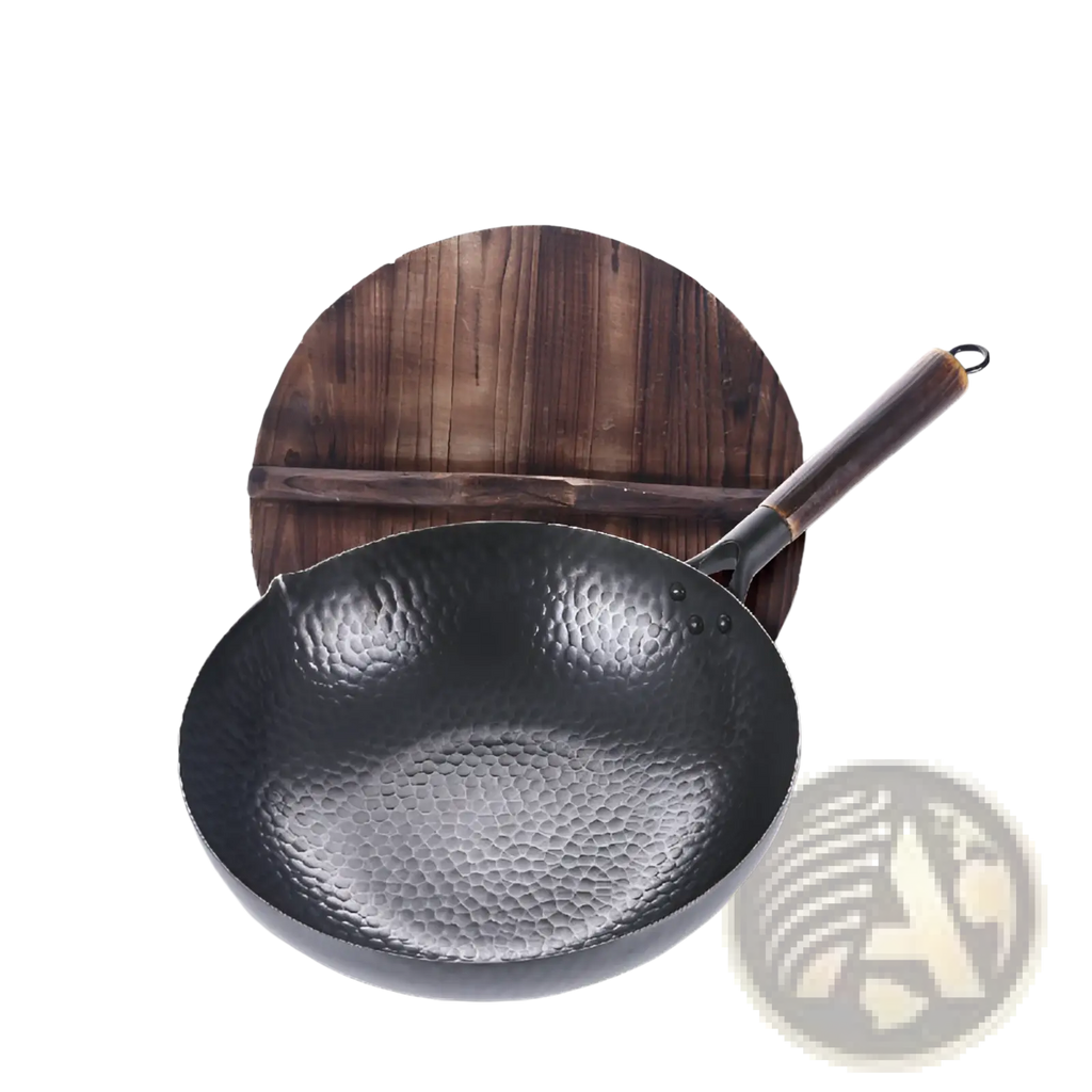 Handmade black hammered steel wok with wooden handle and matching glass lid for versatile cooking use