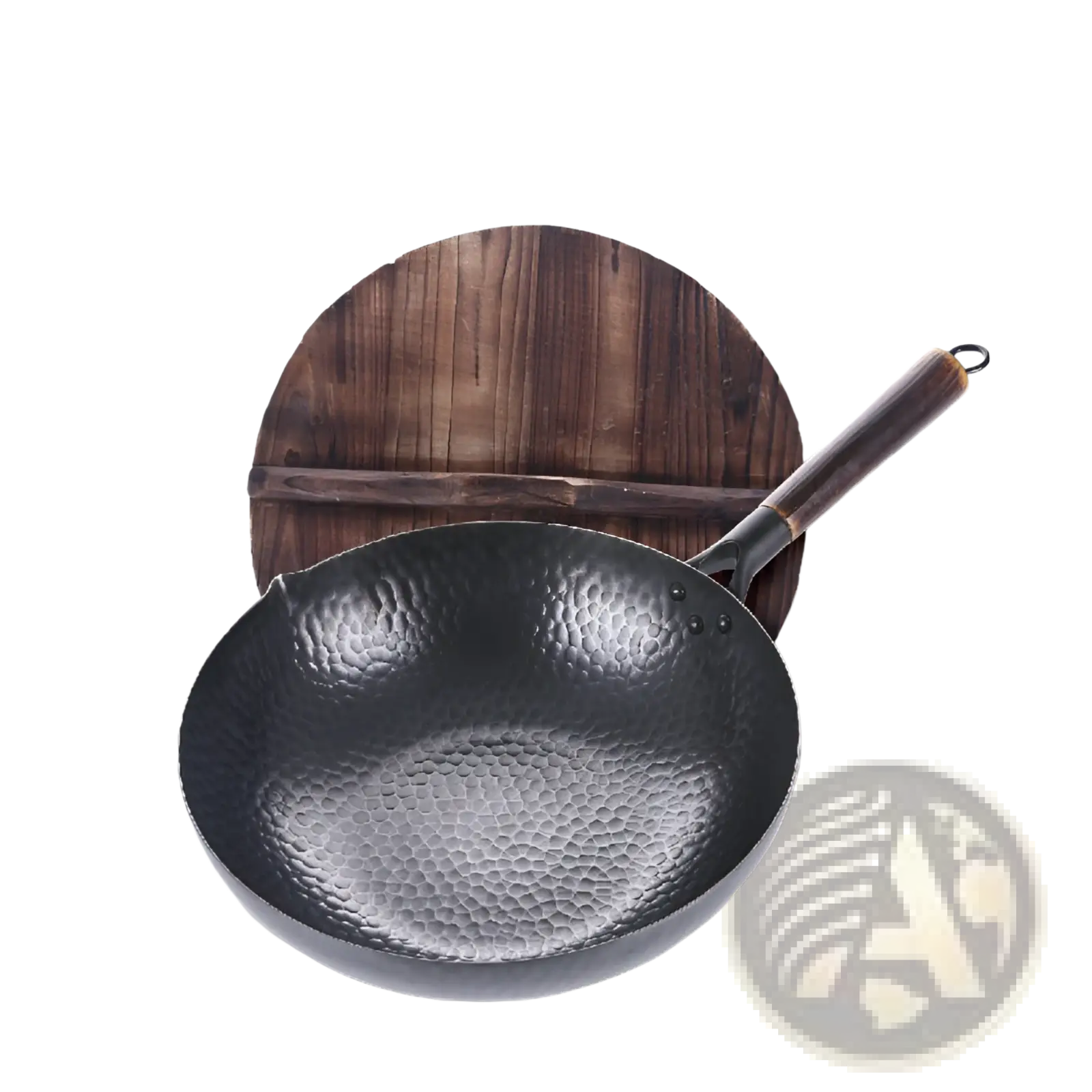 Handmade black hammered steel wok with wooden handle and matching glass lid for versatile cooking use