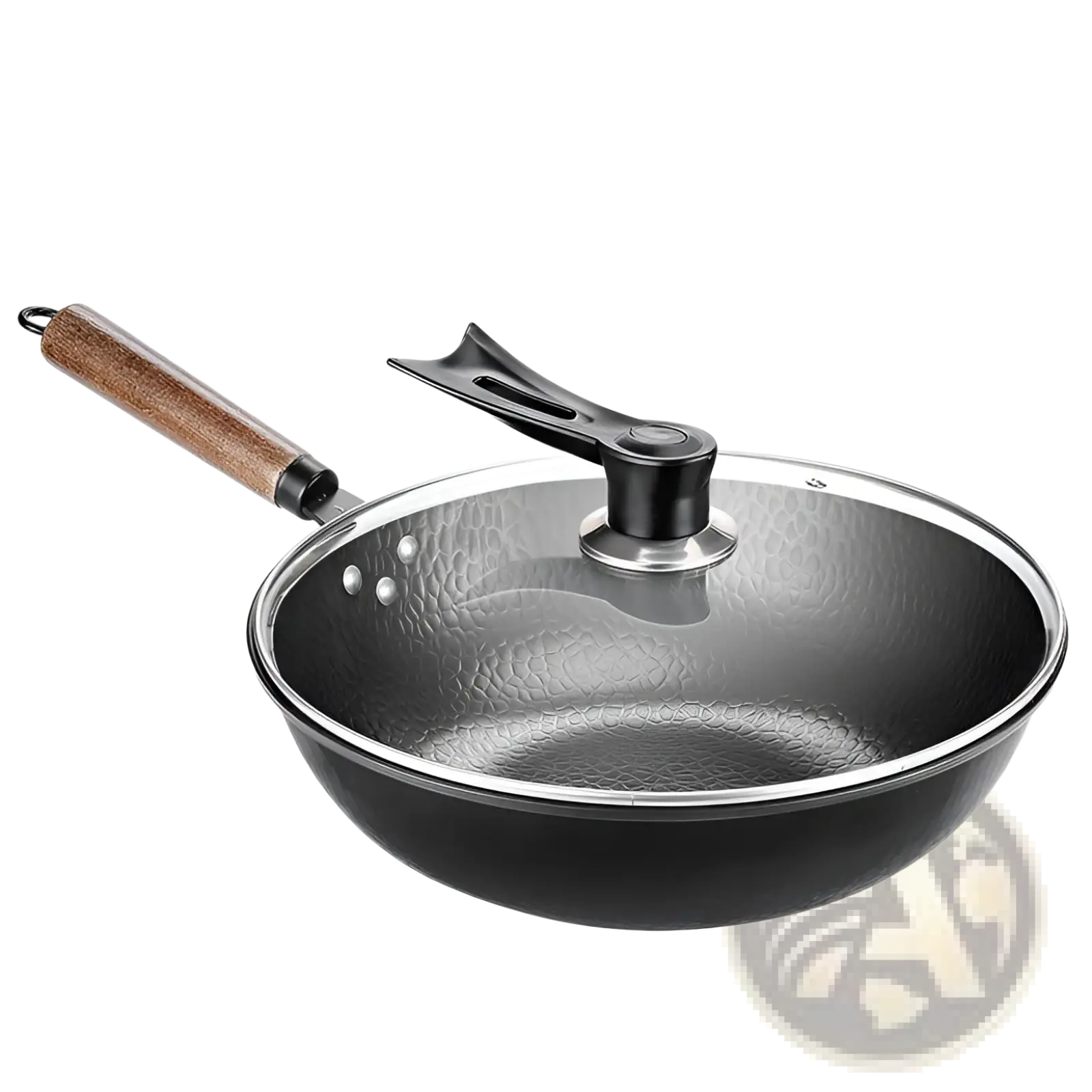 Handmade iron wok in black hammered steel with a wooden handle and a clear glass lid with black knob