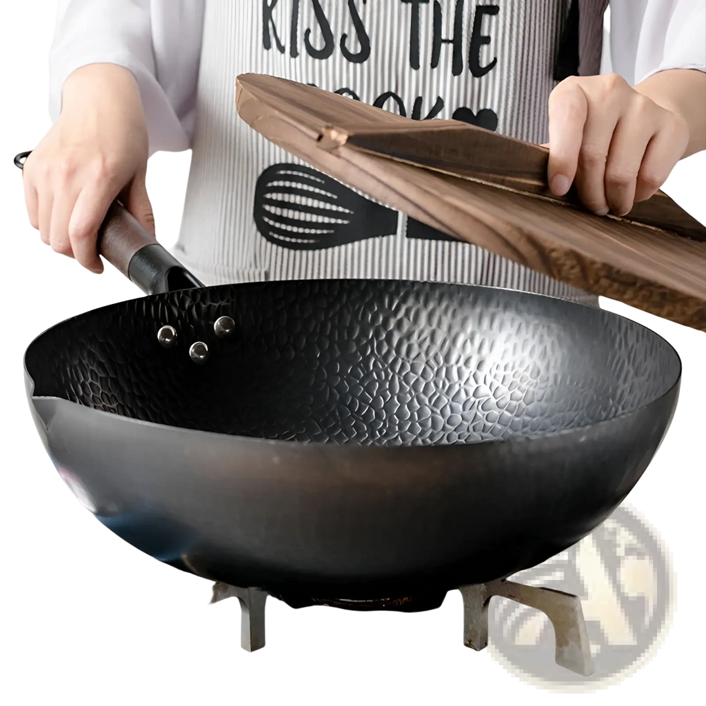 Black hammered steel handmade iron wok with wooden lid and black handle for traditional cooking